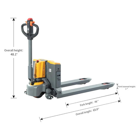 Apollo 4400Lb Electric Pallet Jack With Lithium Battery showing dimensions: 48.1" overall height, 48" fork length, 65" overall length.