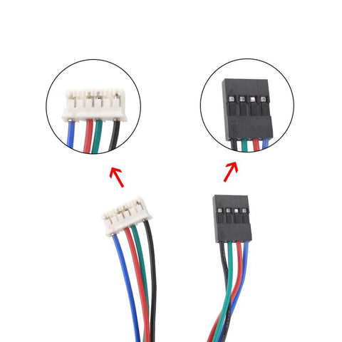 Close-up of white 4-pin and black 4-pin stepper motor cable connectors with colored wires.