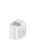 Portable Ice Maker Countertop Delivers Dual-Size Bullet Ice With Basket And Scoop For No Sweat 26 Lbs Daily Production And Auto Clean Action, compact white design with clear bullet ice.