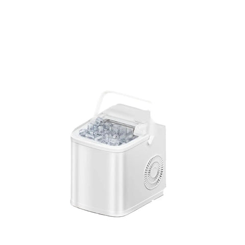 Portable Ice Maker Countertop Delivers Dual-Size Bullet Ice With Basket And Scoop For No Sweat 26 Lbs Daily Production And Auto Clean Action, compact white design with clear bullet ice.