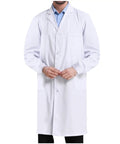 Front view of unisex white lab coat jacket for science class and workwear, long sleeve uniform for docs and nurses.