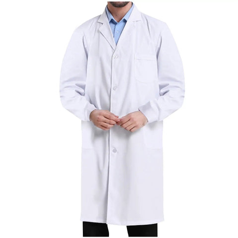Front view of unisex white lab coat jacket for science class and workwear, long sleeve uniform for docs and nurses.