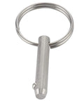 Side view: stainless steel quick-release pin with retaining ring; 1/4 in diameter, 1 in usable length.