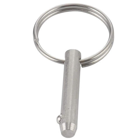 Side view: stainless steel quick-release pin with retaining ring; 1/4 in diameter, 1 in usable length.