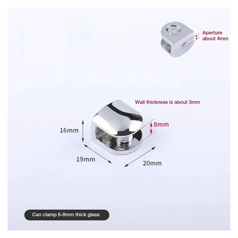 Diagram of Set Of 24 Glass Brackets Heavy Duty Zinc Alloy Clips For Shelves And Stair Rails with dimensions.
