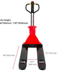 Huge Capacity Electric Pallet Jack With Built In Scale For Warehouse Moving Heavy Loads Up To 4400 Lbs with dimensions and fork height.