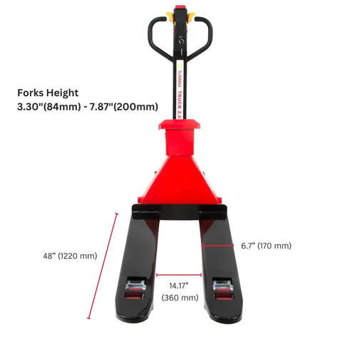Huge Capacity Electric Pallet Jack With Built In Scale For Warehouse Moving Heavy Loads Up To 4400 Lbs with dimensions and fork height.