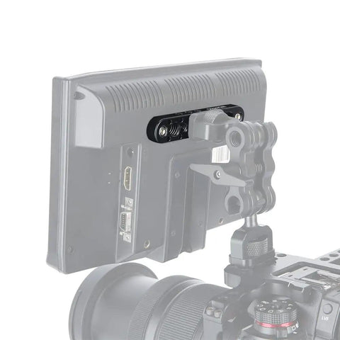 Top Shelf Camera Mounting Plate Cheese Bar Extension featuring 1/4 and 3/8 inch threads assembled on a camera monitor.