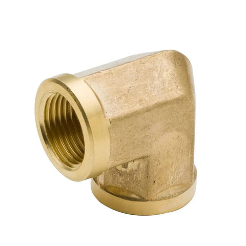 Brass forged 90-degree pipe elbow with female threads, side view