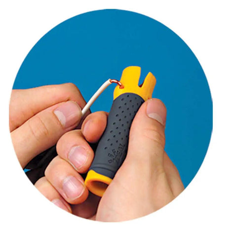 Lil Ripper Wire Stripper with V-notch used for NM cable stripping, showing ergonomic grip and precise wire removal.