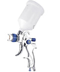 Built Tough Pneumatic Hvlp Paint Spray Gun With 600Cc Cup And Interchangeable 1.4Mm 1.7Mm 2.0Mm Nozzles, chrome finish with white cup.