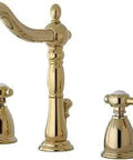 Tudor Widespread Lavatory Faucet With ABS Brass Pop Up Polished Brass Finish, side view showing spout and dual handles