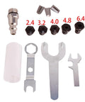 Lightweight Pneumatic Air Rivet Gun Kit With Interchangeable Rivet Heads showing 5 different head sizes and included tools