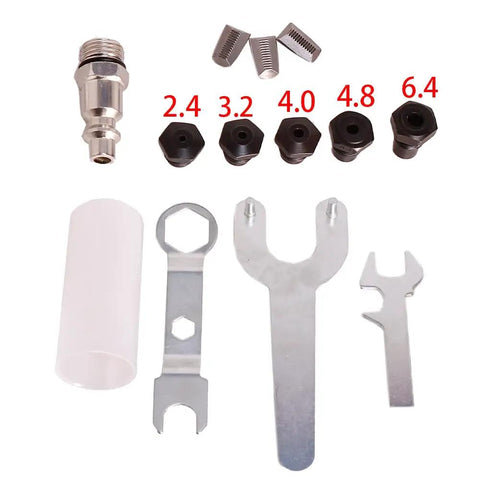 Lightweight Pneumatic Air Rivet Gun Kit With Interchangeable Rivet Heads showing 5 different head sizes and included tools