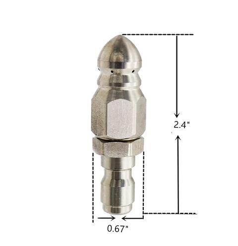Stainless Steel Sewer Jetter Nozzle For Pressure Washers, One Quarter Inch Quick Connect, 2.4 inch height, 0.67 inch width