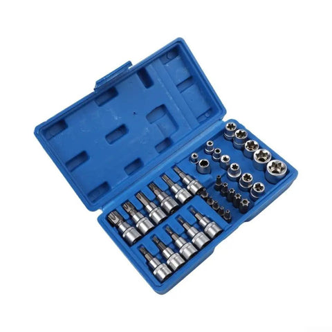 Helluva Tough 34 Piece Socket Set With E Type Sockets And Torx Bits Forged From Premium Chrome Vanadium Steel for auto mechanics in blue case.