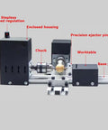Mini 110-220V Dual Motor Lathe For Drilling And Grinding showing enclosed housing, chuck, precision ejector pin, and worktable.