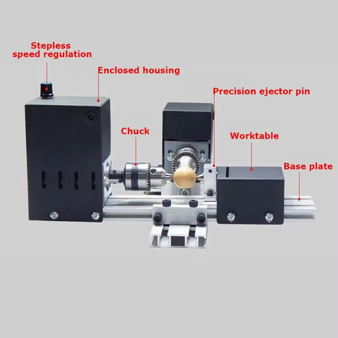 Mini 110-220V Dual Motor Lathe For Drilling And Grinding showing enclosed housing, chuck, precision ejector pin, and worktable.