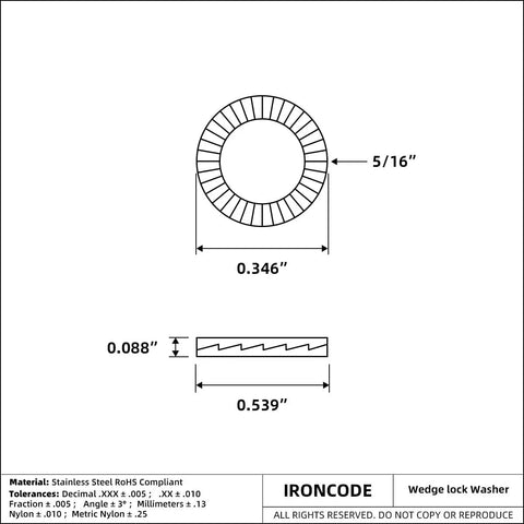Rock Solid Heavy Duty Wedge Lock Washers Din 25201 Vibration Proof Double Sided Fasteners 304 Stainless Steel dimensions and specifications.