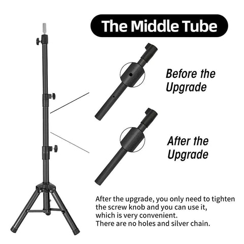 Comparison of the 55 Inch Heavy Duty Wig Head Stand With Pro Grade Adjustable Metal Tripod before and after upgrade.
