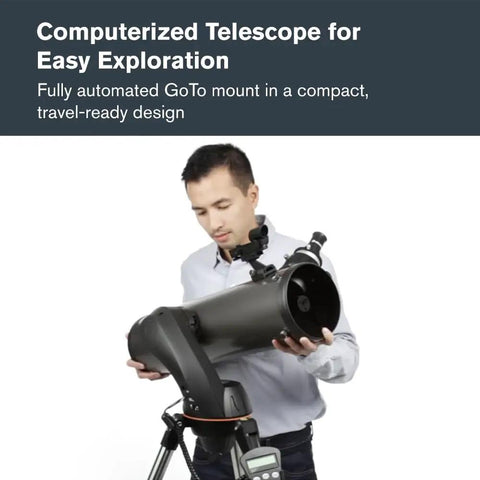 Man adjusting NexStar 130SLT Computerized Telescope With 130mm Aperture on tripod, showcasing portable design.
