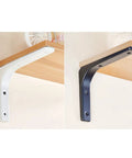 Gotta Have These Solid Flex L Shaped Shelf Brackets With Screws For Wall Mount Floating Shelves Heavy Duty Iron Corner Support in white and black.