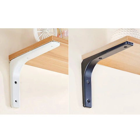 Gotta Have These Solid Flex L Shaped Shelf Brackets With Screws For Wall Mount Floating Shelves Heavy Duty Iron Corner Support in white and black.