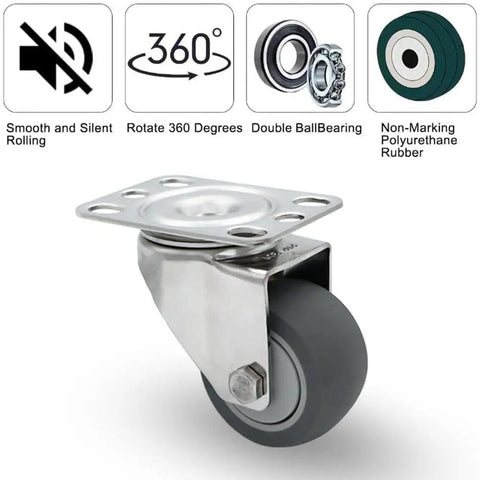 Built Tough 2 Inch Stainless Steel Caster Wheels Set Of 4 Without Brake Rust Proof 304 Heavy Duty Casters with gray rubber wheel.