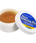 Open jar of Rosin Soldering Flux For Electronics, 56 Gram Jar, Type RMA, High Wetting, Low Carbonization, Pro Grade, Made In USA