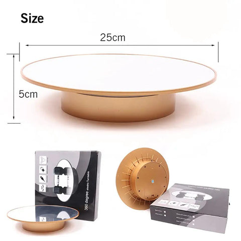 Heavy Duty 360 Degree Motorized Rotating Display Stand Turntable For Mannequin Heads And Wigs, 25cm diameter, USB powered gold design.