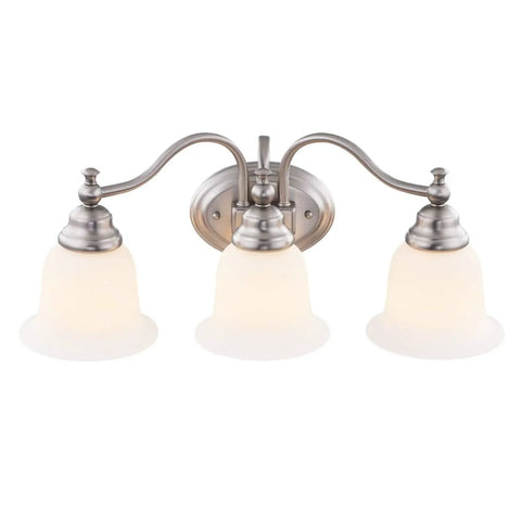 Three Light Brandy Chase Brushed Nickel Bathroom Vanity Light Refurbished and Tested Like New Modern Dimmable Bath Fixture with white shades