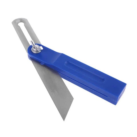 Adjustable Sliding T Bevel Gauge For Dead On Accurate Layouts And Easy Peasy Woodworking Angles with blue handle and steel blade.