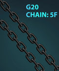 Close-up of black metal chain links for a lever hoist, diagonally positioned on a teal gradient background.