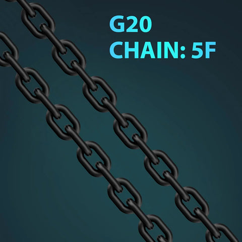Close-up of black metal chain links for a lever hoist, diagonally positioned on a teal gradient background.