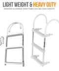 Folding 3 Step Aluminum Boat Ladder With Wide Non Slip Steps For Fishing Pontoon Boats Yacht And Dock Heavy Duty Marine Grade Aluminum Cushioned Gunwale Hooks Adjustable Legs Safe Secure Boarding, 3-step aluminum boat ladder with curved hooks