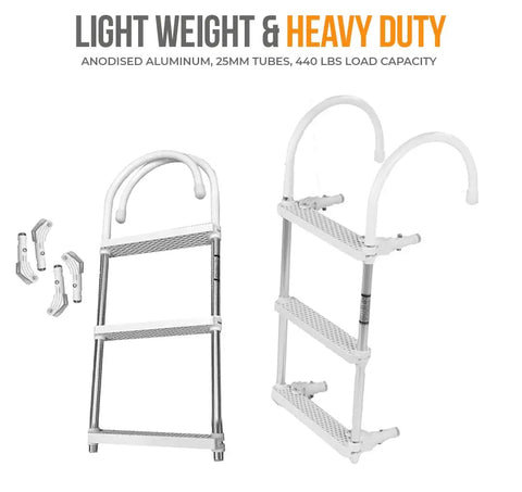 Folding 3 Step Aluminum Boat Ladder With Wide Non Slip Steps For Fishing Pontoon Boats Yacht And Dock Heavy Duty Marine Grade Aluminum Cushioned Gunwale Hooks Adjustable Legs Safe Secure Boarding, 3-step aluminum boat ladder with curved hooks