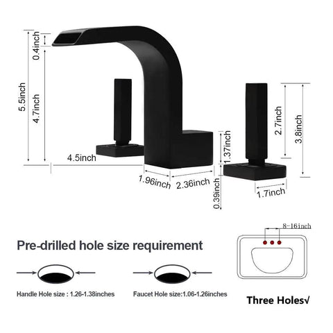 8 Inch Waterfall Bathroom Faucet For Sink, Widespread 3 Hole Lavatory Tap dimensions and installation guide