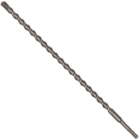 Side view of 3/8 in x 18 in masonry drill bit (SDS Plus) for concrete, with twisted flutes.