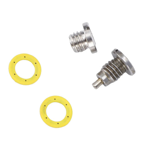 Upgrade Your Boating Game With This Super Durable Metal Drain Plug Kit For Mariner Outboard Engines, Perfect For Keeping Your Gearcase Fresh, Leak-Free And Ready To Cruise Without Any Messy Oil Fluid Issues During Routine Maintenance Today. metal drain plug kit with two yellow washers