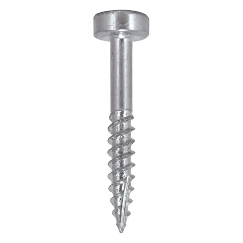 Close-up of a zinc plated pocket hole screw for hardwoods, 1 inch long, PH2 square drive. Pocket Hole Screws For Hardwoods 1 Inch Long Pack Of 500 Fine Self Cutting Threaded Square Drive PH 6 X 25 Pro Grade Woodworking Fasteners For Built To Last Joints.