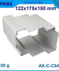 Front view of silver aluminum enclosure box with ribbed extrusion rails, 122×175×150 mm