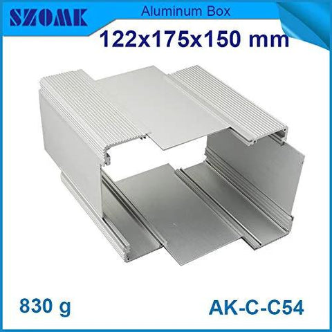 Front view of silver aluminum enclosure box with ribbed extrusion rails, 122×175×150 mm