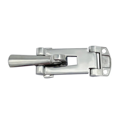 Stainless Steel Spring Loaded Toggle Latch Clip for Cabinets and Drawers, Heavy Duty Hasp Clamp in closed position on white background.