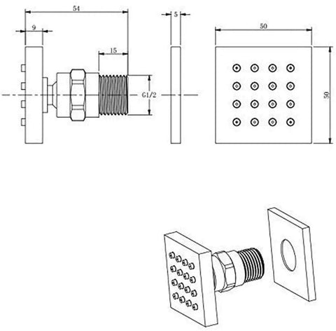 Technical drawing of UMJIGF Shower System, Brass body spray with dimensions for installation in shower setups.