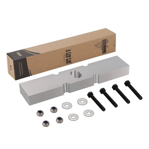 Crush Every Bump And Clean Up Your Cart Setup With This Heavy Duty One Inch Front End Lift Block Built For Club Car Ds Gas And Electric Models Featuring Precision Billet Aluminum Construction For Rock Solid Low Profile Tire Clearance, showcasing aluminum block with bolts and washers.