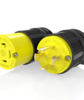 Close-up of L14-30 Generator Plug Set With L14-30P And L14-30R, 30 Amp Twist Lock Receptacle, 7500W 4-Wire Grounded Cord, black and yellow.
