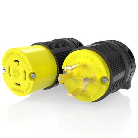 Close-up of L14-30 Generator Plug Set With L14-30P And L14-30R, 30 Amp Twist Lock Receptacle, 7500W 4-Wire Grounded Cord, black and yellow.