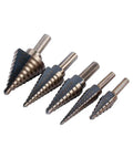 Premium Step Drill Bit Set Featuring Ti-Coated Cobalt HSS For Smooth Holes In Steel Brass And Wood With Anti Slip Hex Shank Grip And Auto Deburring Edges To Keep Your Projects Tight And Ready., 5-piece Ti-coated cobalt HSS step drill bit set with hex shank