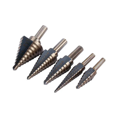 Premium Step Drill Bit Set Featuring Ti-Coated Cobalt HSS For Smooth Holes In Steel Brass And Wood With Anti Slip Hex Shank Grip And Auto Deburring Edges To Keep Your Projects Tight And Ready., 5-piece Ti-coated cobalt HSS step drill bit set with hex shank