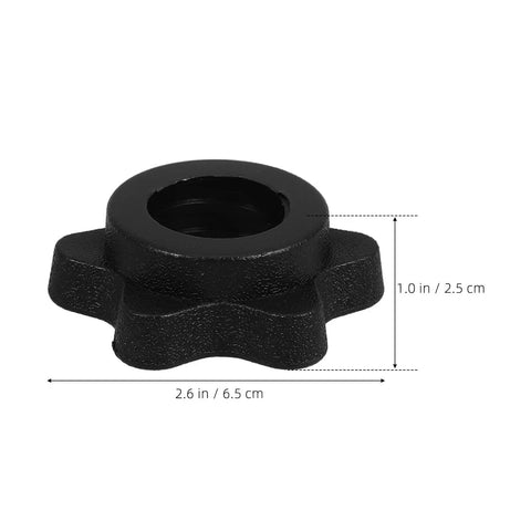 Self Locking Barbell Collars Set Of 4 With Anti Skid Plastic Six Sided Nuts for weightlifting, black nut dimensions shown